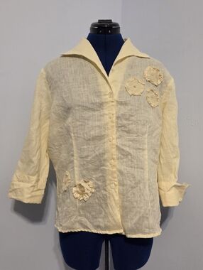 Vintage Butter Yellow Floral Applique Linen Blouse Size XL